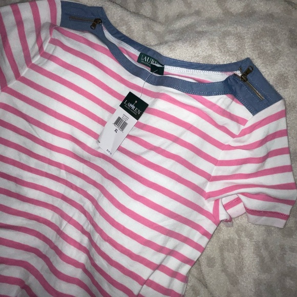 Ralph Lauren denim 1969. XL. Pink white stripes denim zipper crewneck preppy T - Picture 2 of 10